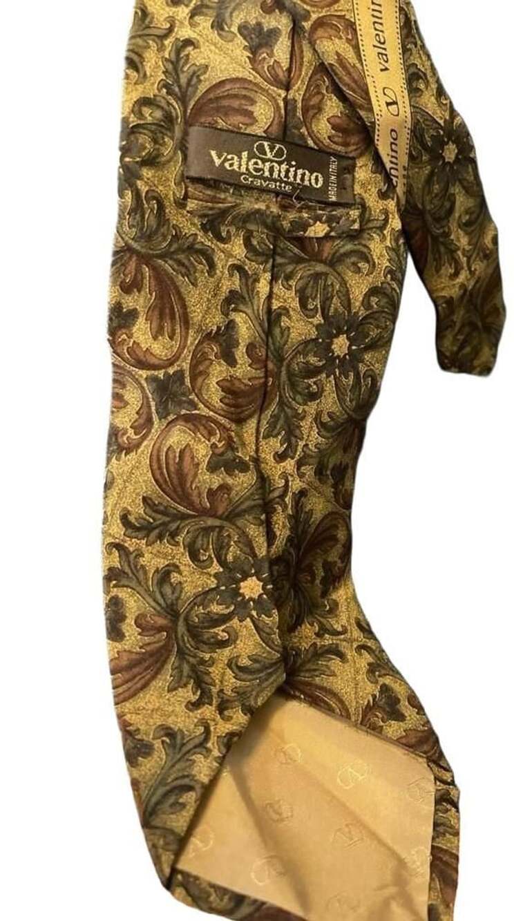 Valentino Cravatte Silk Tie Gold Brown Baroque Scroll Print Necktie Italy